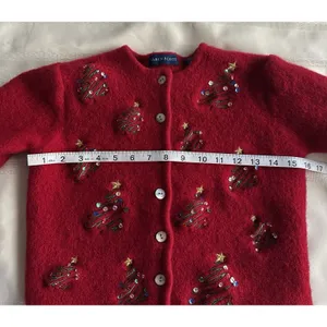 Karen Scott Red 100% Wool VintageCardigan Sweater Sequin Embroidered Tree M Crew thumbnail 5
