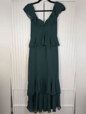 Show Me Your Mumu Reese Ruffle Emerald Green Satin Midi Dress XXS NWT thumbnail 4
