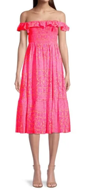 Vineyard vines Neon Tortola smocked midi dress pink orange‎ sz S thumbnail 1