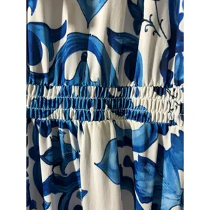 Alexia Admor Size L Blue White Majolica Mediterranean Floral Ruffle V-Neck Dress thumbnail 5