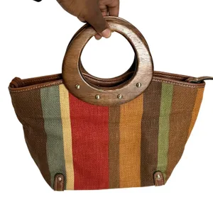 Fossil Multi Colored Striped Leather Trim Wood Handle Satchel Purse thumbnail 1