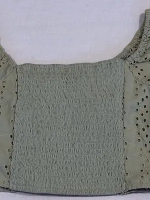 Hollister Puff Sleeve Smocked Eyelet Crop Top Sage Green Size Small S EUC thumbnail 2