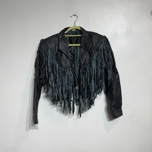 Vintage Black Leather Western Moto Fringe Cropped Jacket Sz M thumbnail 2