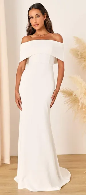 NWT Lulus Exceptional Romance White Off-the-Shoulder Mermaid Maxi Dress Bride L thumbnail 1