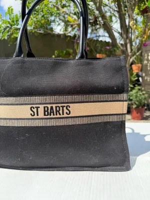 ST BARTS Black Canvas Tote Bag Beige Stripe Resort Beach Handbag thumbnail 14