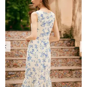 Rihoas Blue White Toile Floral Square Neck Ruffle Hem Midi Dress XS NWT thumbnail 3