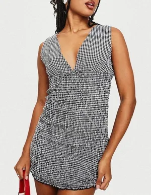 Princess Polly Solving Shirred Mini Dress Black Gingham size 6 NWT thumbnail 1