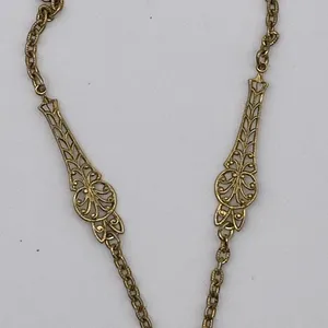Vintage Victorian Revival filigree 27” necklace. Painted rose on porcelain thumbnail 4