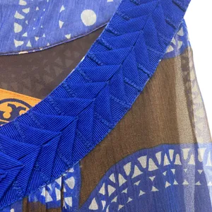 Tory Burch Forisa Silk Dress 4 Blue Brown Geometric Braided Neck Flaw Read thumbnail 7