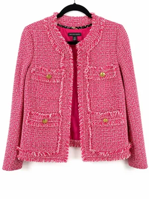 Saks Fifth Avenue Tweed Jacket XS Pink Frayed Trim Open Front Blazer thumbnail 2