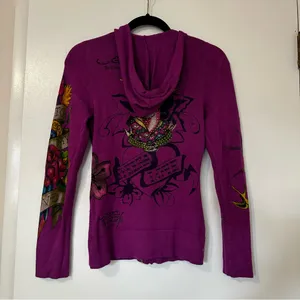 Ed Hardy Y2K Eternal Love Dagger Geisha Zip Front Hooded Cardigan Sweater XS thumbnail 6