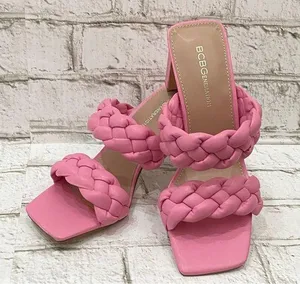 BCBGeneration Pink “Finaa” Slide Chunky Braided Woven Strap Heel Sandal Size 7 thumbnail 1