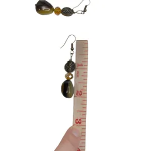 Natural Stone & Antiqued Brass Swirl Amber Faceted Bead Dangle Pierced Earrings thumbnail 8