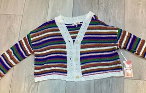 NWT knit striped crocheted Colorful fall cropped sweater cardigan‎ size medium thumbnail 1