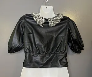 Maeve Blouse Womens XS Black Faux Leather Pearl Beaded Collar Cropped Zip Top thumbnail 1
