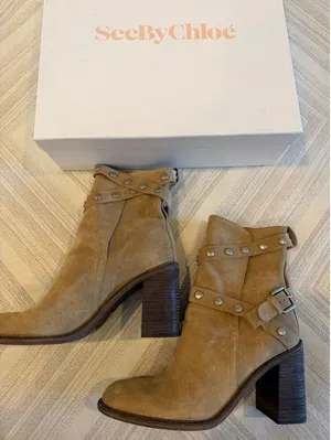 See by Chloé Tan Suede Ankle Booties Size 38 Studded Strap Heel Box Dust Bag thumbnail 1
