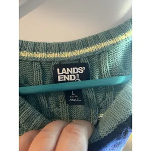 Lands End Sweater Women's Large Navy Drifter Cable Knit Stripe Nautical‎ Preppy thumbnail 3