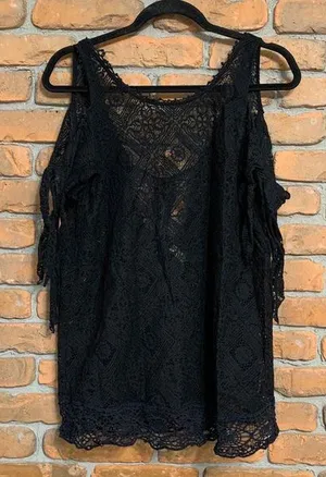 Free People Womens Small Top Black Geo Sands Lace‎ Cold Shoulder Boho Crochet thumbnail 1