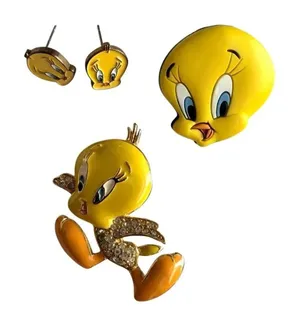 Vintage Tweety Bird Warner Bros Jewelry Bundle Brooch Earrings thumbnail 1