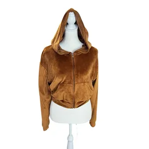 Brown Velour Cropped Zip Hoodie Y2K Cozy Lounge Jacket Small thumbnail 2