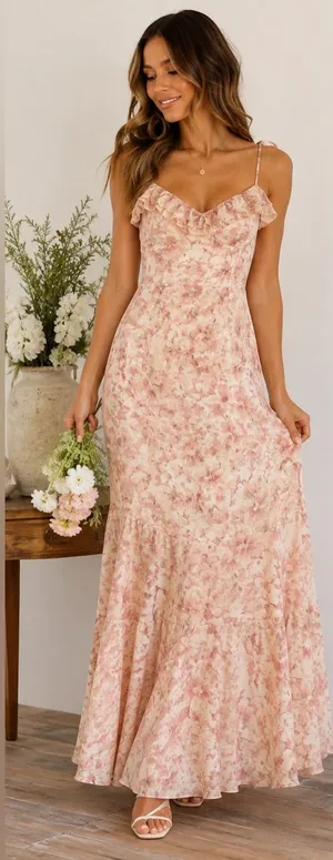 Lulus Floral Maxi Dress NWT Small Blush Pink Ruffle Tiered Cottagecore Wedding thumbnail 1
