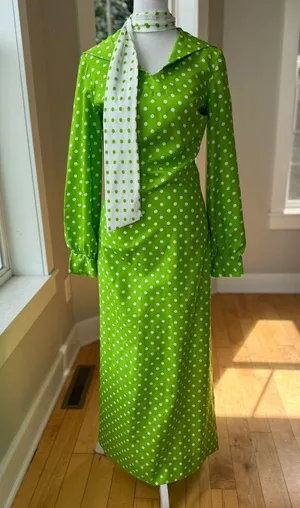 Vintage 1960s Handmade Lime Green White Polka Dot Column Maxi Dress and Scarf thumbnail 16