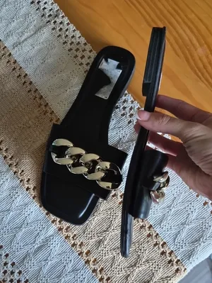 Black Slide Sandals with Gold Chain Accent - Women thumbnail 5