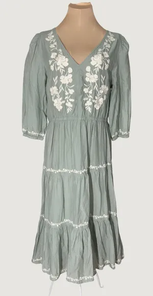 3271 | Lucky Brand Embroidered Tiered Midi Dress Sage Green Cotton Women L thumbnail 1