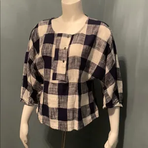 Zara Navy & White Check Linen Blouse size medium thumbnail 3