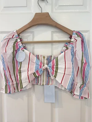 Hill House Home The Isabella Top Rainbow Stripe Puff Sleeve Bow Crop Top NWT S thumbnail 2
