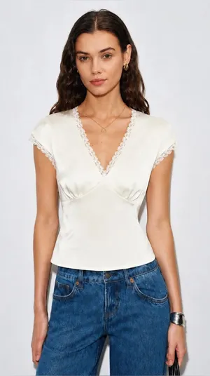 Rihoas Apricot V Neck Lace Satin Tee thumbnail 1
