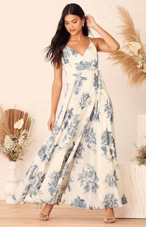 Lulus Elegantly Inclined Wrap Dress Women XL Blue‎ Cream Floral Print Maxi Boho thumbnail 1