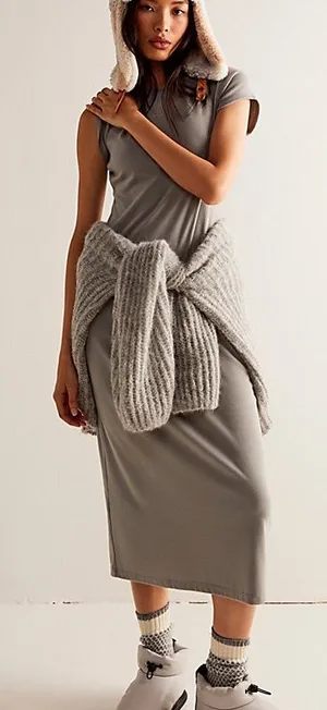 Free People Beach Everyday Gray Short-Sleeve Maxi Dress thumbnail 1
