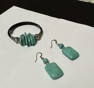 Pretty Set - Turquoise Blue Color Silver Tone Bracelet / Pierced Dangle Earrings thumbnail 1
