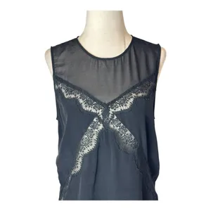 Sandro Shirt Women Small Black Sheer Bodice Lace Detail Top Whimsigoth Gothic‎ thumbnail 3