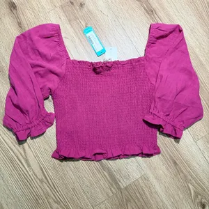 Daisy & Delilah Florence Smocked Crop Top Magenta Pink Linen Blend Puff Sleeve M thumbnail 2