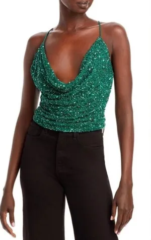 Retrofête Michal Sequin Top Size Large Emerald Green Cowl Neck Club Night Out thumbnail 1