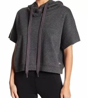 ALO Yoga Realm Charcoal Short-Sleeve Hoodie Pullover- Large thumbnail 1