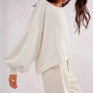 S Free People Trish Pullover Balloon Sleeve Sweatshirt top white women's thumbnail 1