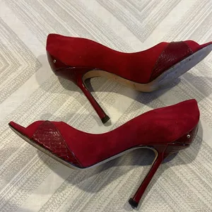 Jimmy Choo Rocky Red Suede Peep-Toe Pumps for Women – Size 37.5 thumbnail 4
