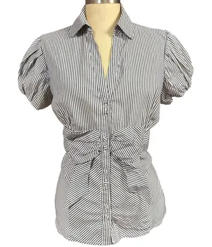 Poplin M Striped‎ Bow Waist Puff Sleeve Buttoned Blouse Frenchgirl Coquette thumbnail 1