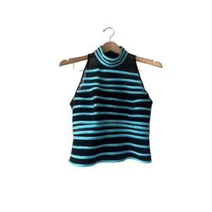 JS Collections Black and Blue Striped Mesh Mock Neck Top Size 14 thumbnail 3