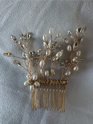 Gold Bridal Hair Comb with White Pearls and Clear Crystals thumbnail 3