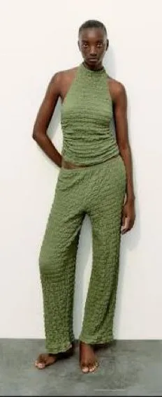 Zara Olive Green Textured Halter & Pant Set thumbnail 1