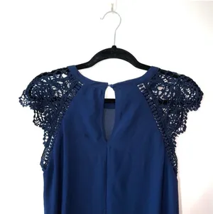 Altar’d State Crochet Sleeve Shift Dress Navy Blue Mini Lined thumbnail 7
