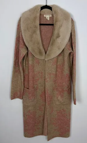 Happily Grey Long Cardigan Faux Fur Neckline Pink Tan Elevated Indie Glam Large thumbnail 1