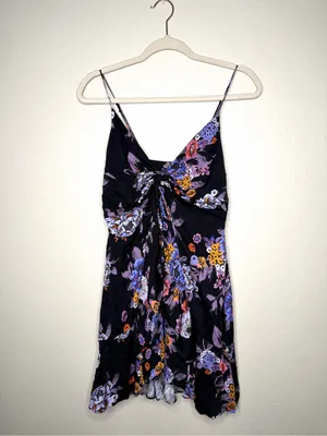 Free People Women Happy Heart Floral Mini Dress S Black Purple Ruched Tie Front thumbnail 3