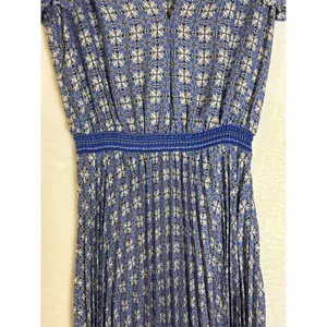 Max Studio Pleated Midi Dress‎ Womens XS Blue Geometric Flutter Sleeve Smocked thumbnail 2