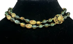 Vintage Doubled Green And Gold Bead Choker Necklace thumbnail 1