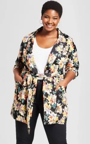 Ava & Viv Womens Floral‎ Duster Cardigan Black Multi Long Sleeve Tie Waist 2X thumbnail 1